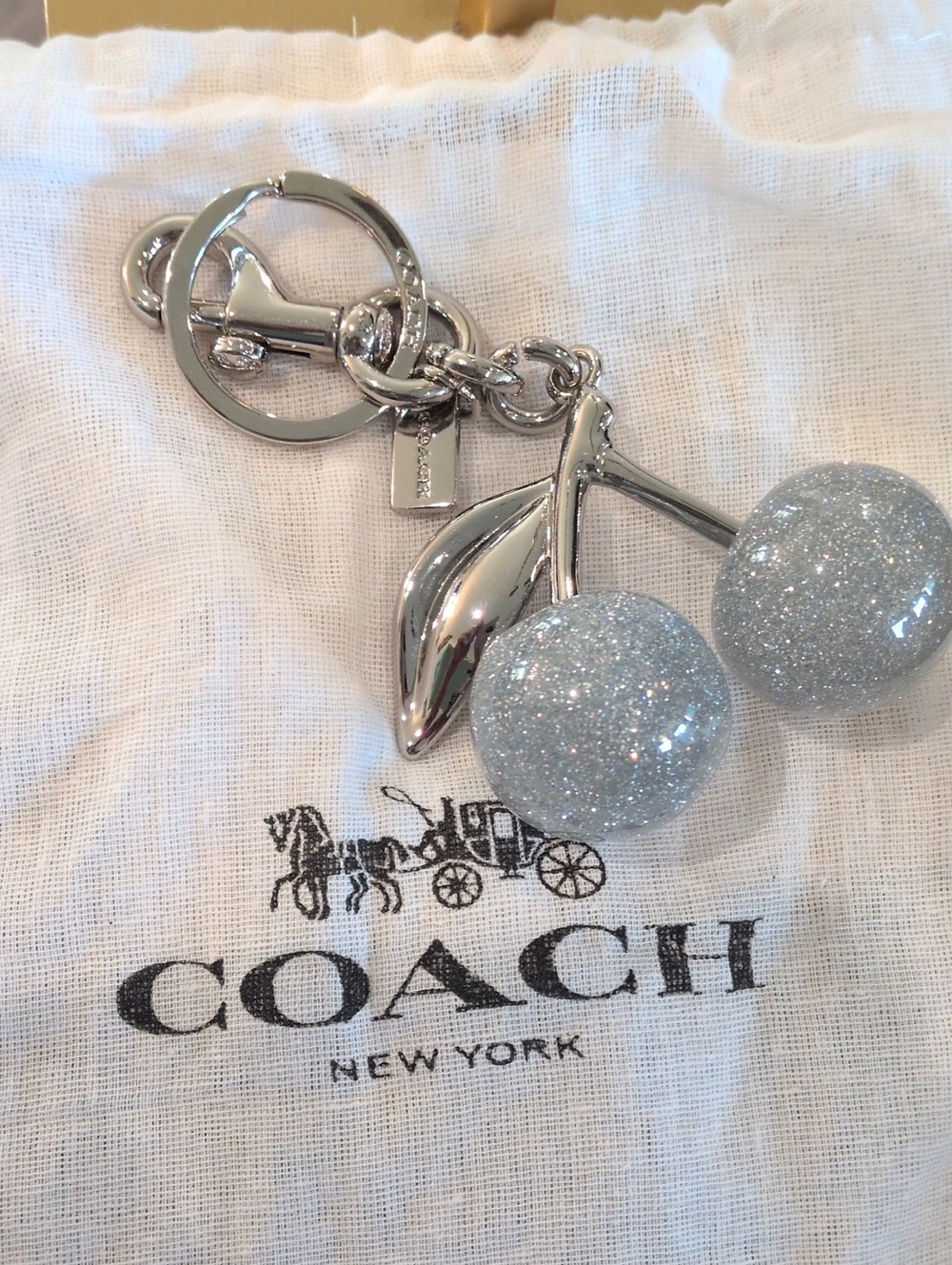 Coach Glitter Cherry Silver HTF Key Charm with Light Gray Sparkle
